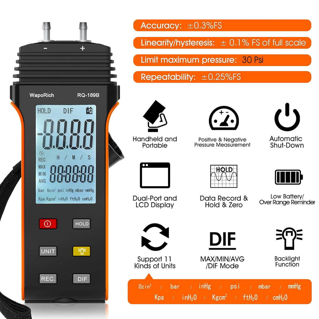 WapoRich Digitales Manometer ±30,00Psi Professionelles Barometer Differenzdruckmessgerät 11 wählbare