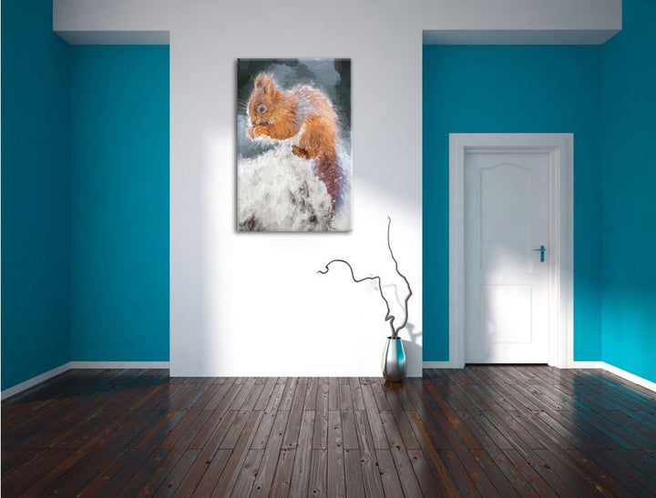 Pixxprint Kleines Eichhörnchen im Winter Pinsel Effekt, Format: 100x70 auf Leinwand, XXL riesige Bil