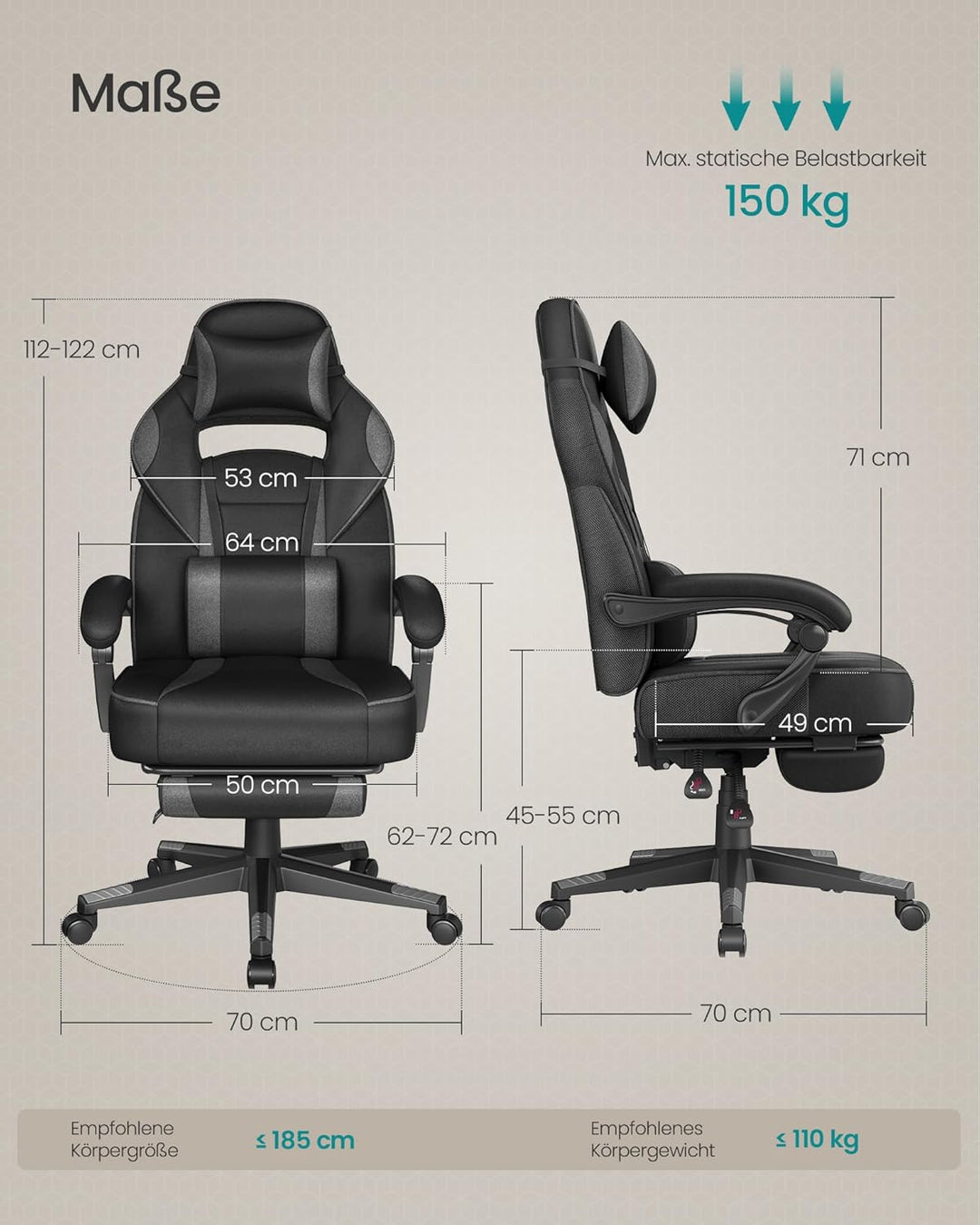SONGMICS Gaming-Stuhl, Bürostuhl mit Fussstütze, Schreibtischstuhl mit Kopfstütze und Lendenkissen,