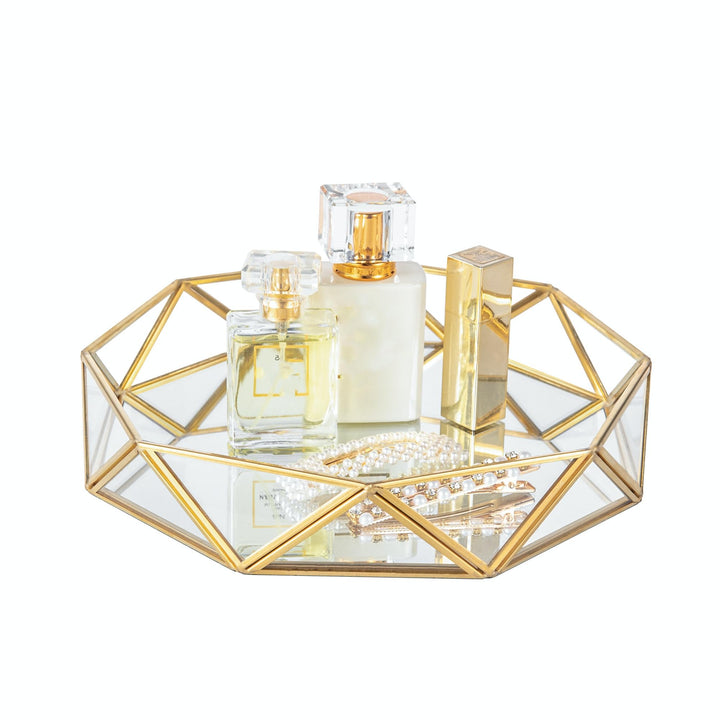 Feyarl 24 cm Schmucktablett Kosmetiktablett Gold Dekotablett Schmuck Organizer Kosmetikorganiser Gla