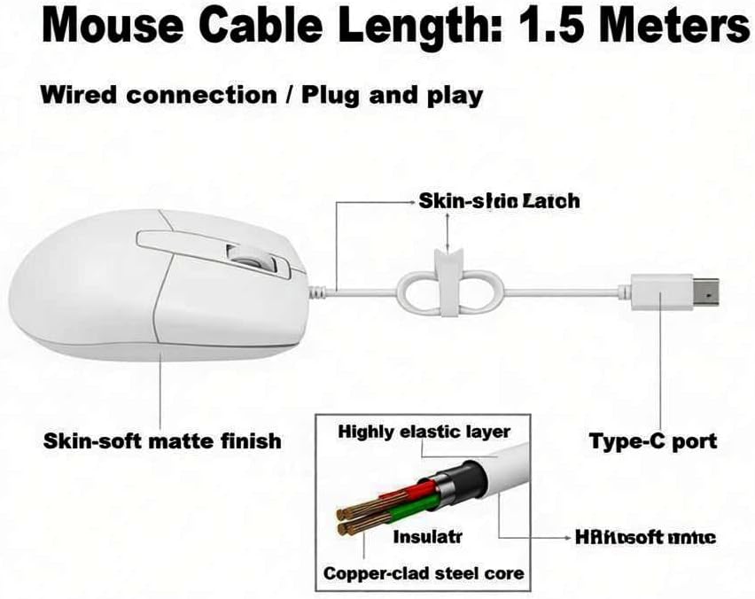 Kabelgebundene Maus USB C Geräuscharmes Klicken Optische Typ-C Mäuse mit 1.5m Kabel 1000 D-PI 3 Tast