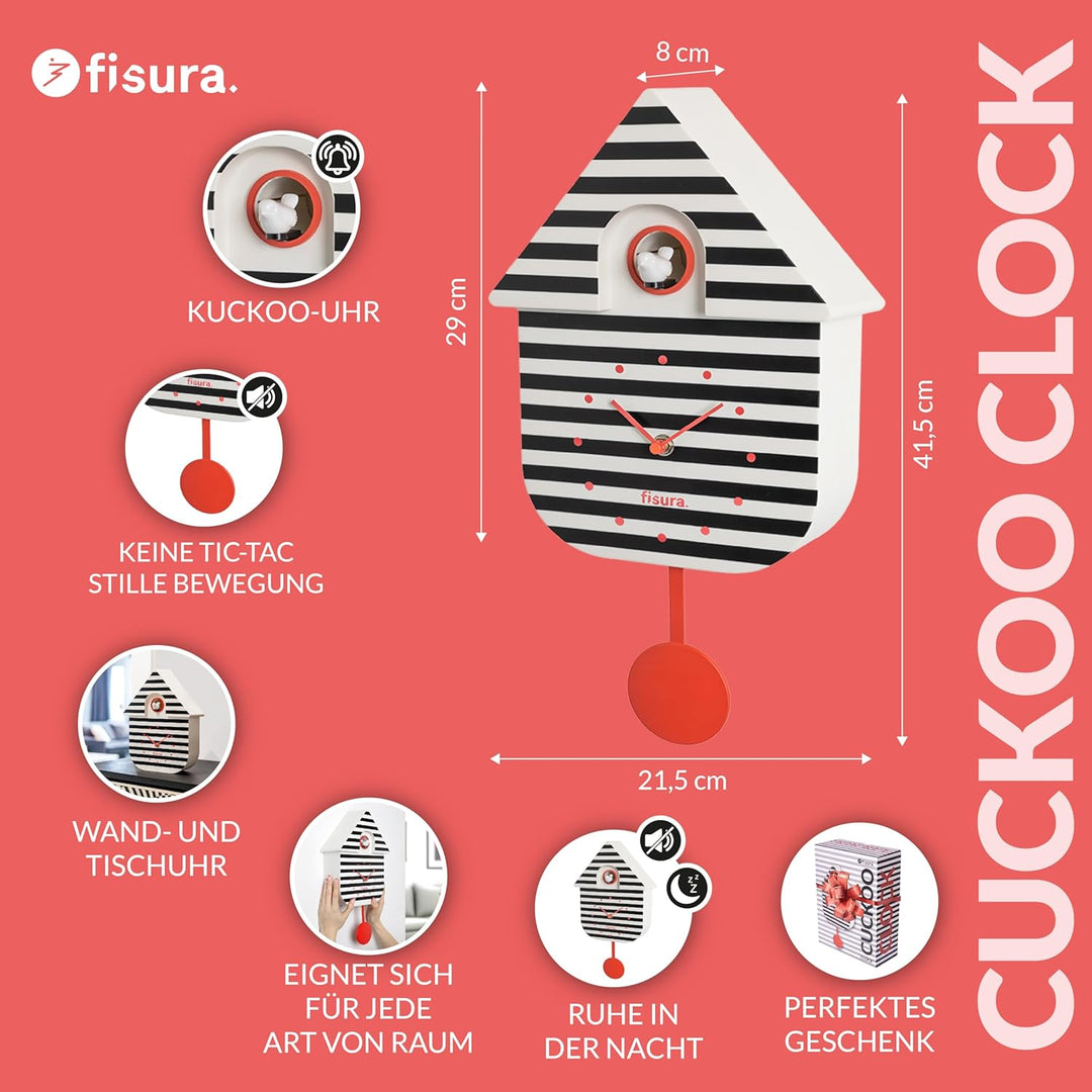 Fisura - Kuckucksuhr mit Streifen und rotem Zifferblatt, originelle Schwarz-Weiss-Wanduhr, stilvolle