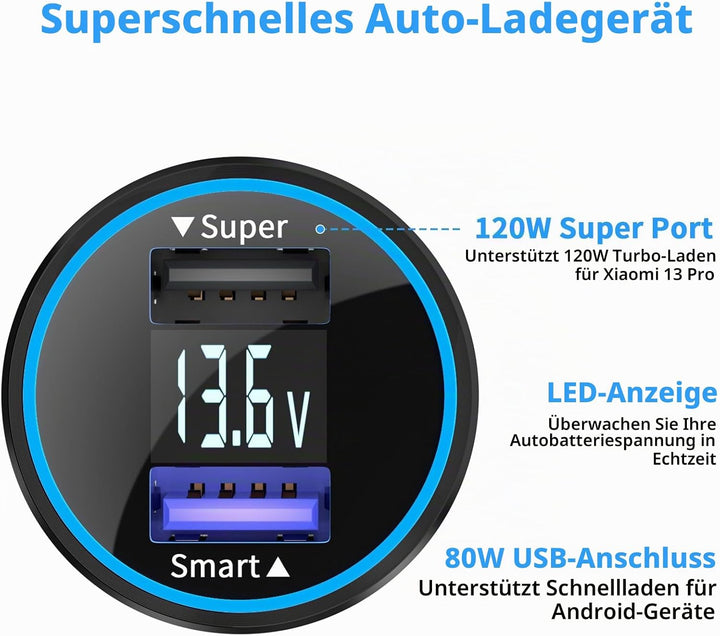 120W Zigarettenanzünder USB Ladegerät für Xiaomi Turbo Charge,USB Kfz Ladegerät Autoladegerät Dualpo