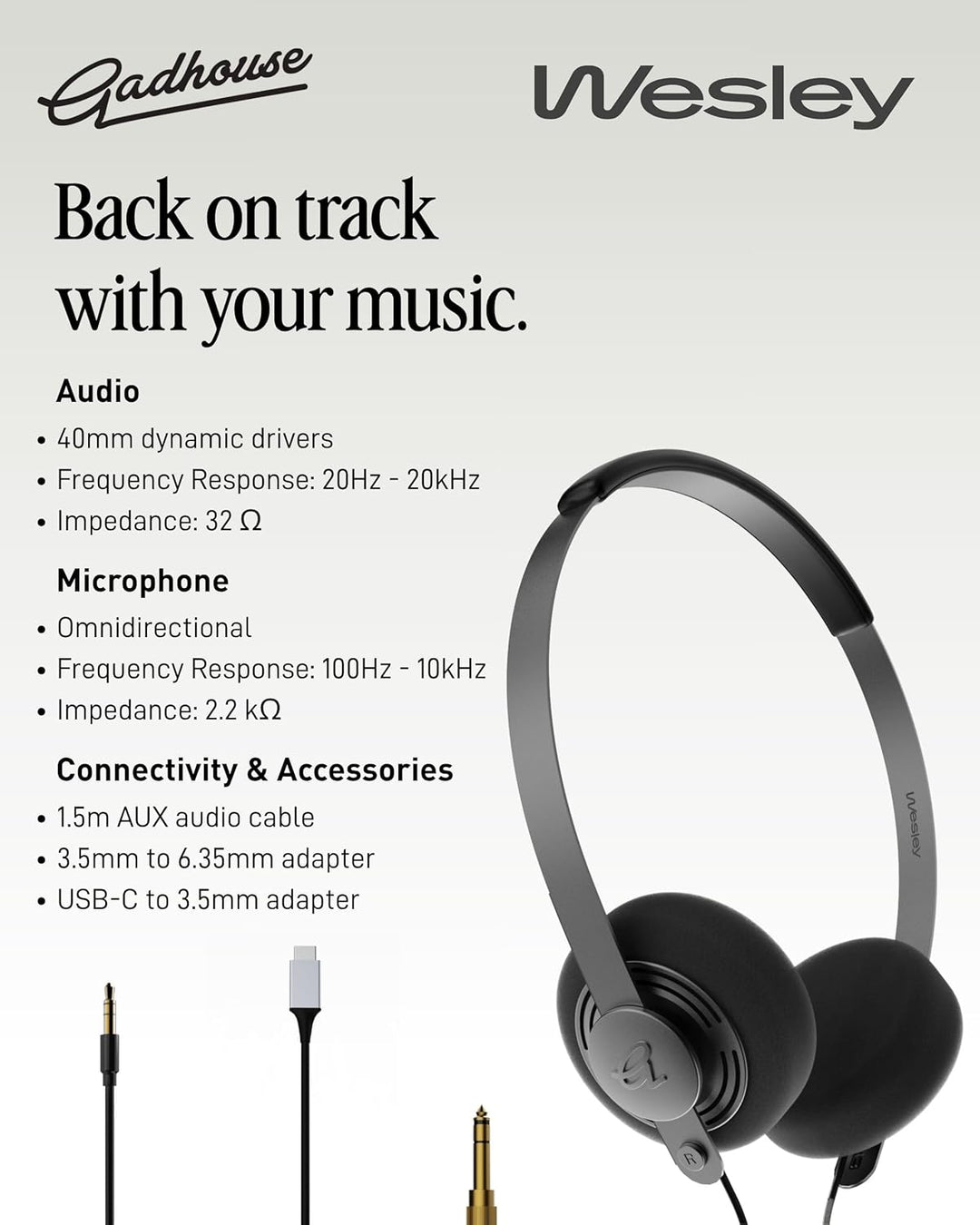 Gadhouse Wesley Retro-Kopfhörer mit USB-C und 3,5-mm-Konnektivität – Vintage-Kopfhörer, Walkman-Stil