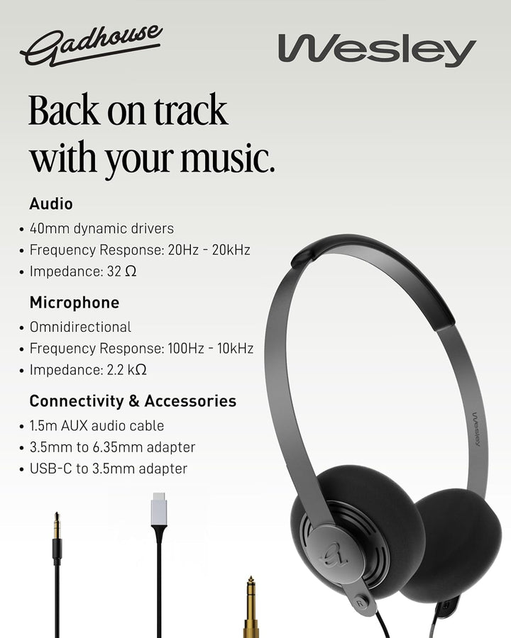 Gadhouse Wesley Retro-Kopfhörer mit USB-C und 3,5-mm-Konnektivität – Vintage-Kopfhörer, Walkman-Stil