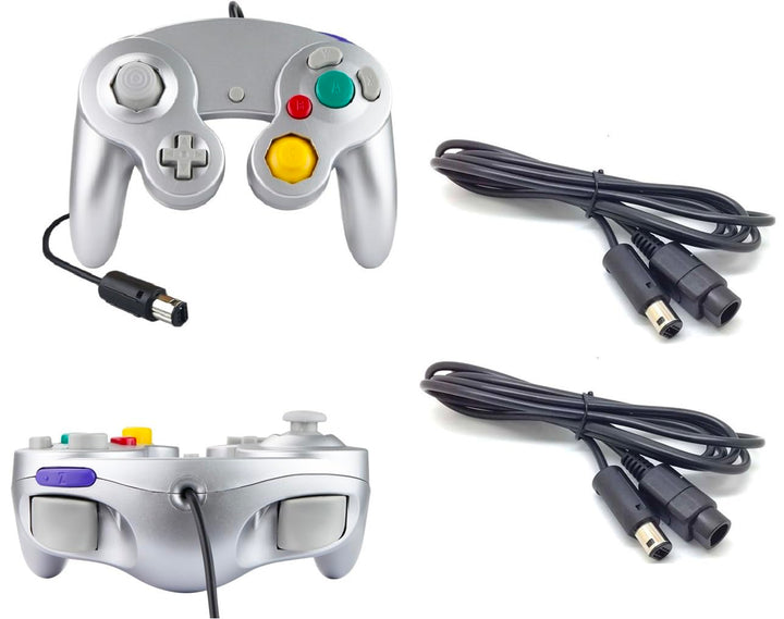2 Controller Silber + Verlängerungskabel für Nintendo Game Cube Controller Silver GC Verlängerung Ex