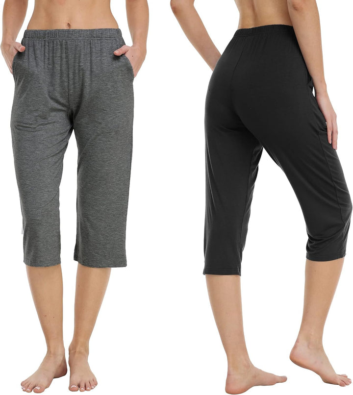 MoFiz Damen Schlafanzughose 3/4 Lang Schlafhose Modal Nachtwäsche Weich Pyjamahose Freizeithose mit