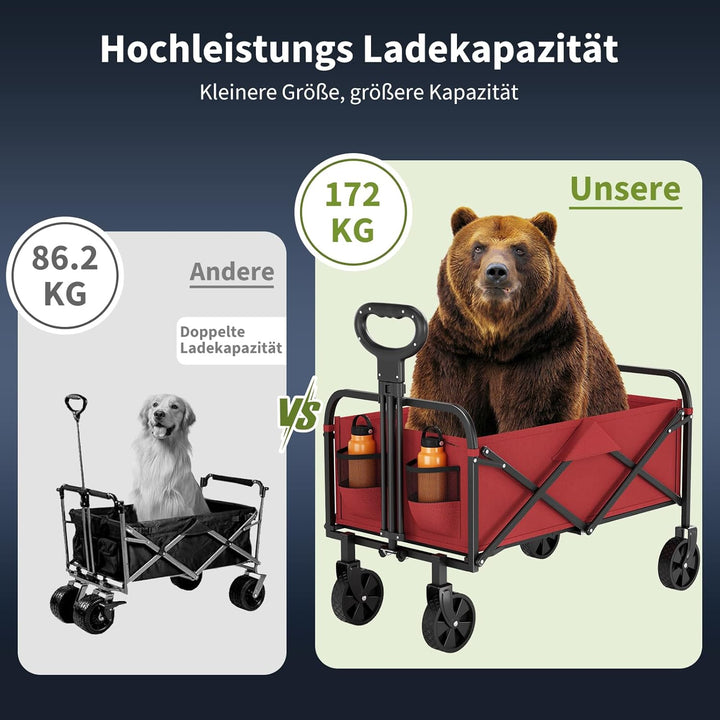 Faltbarer Bollerwagen 220L, 172kg Traglast, Rot | 360° Geländeräder mit Bremse, Stahlrahmen aus 600D
