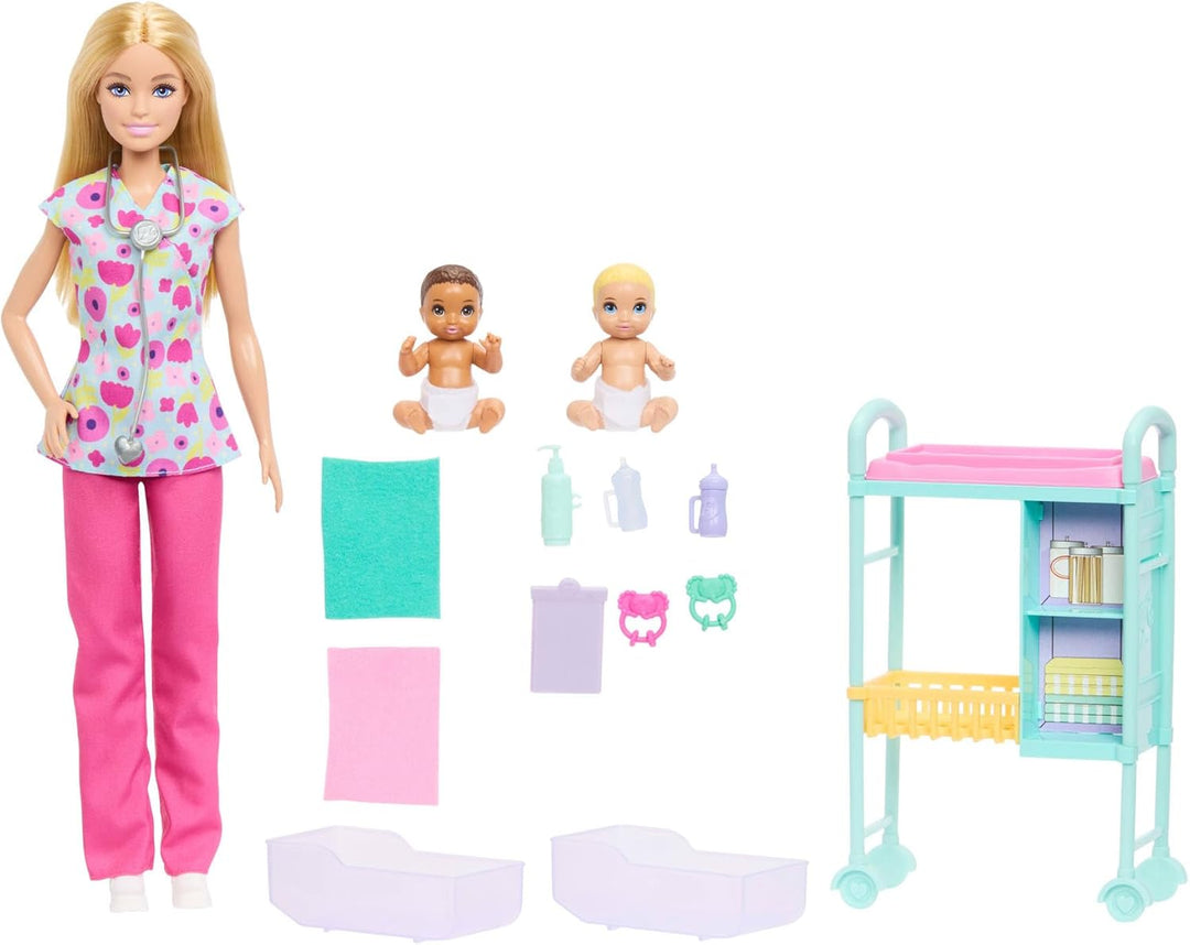 Barbie Karriere Kinderärztin-Spielset mit Blonder Puppe in OP-Bekleidung, 2 Baby-Puppen, Behandlungs