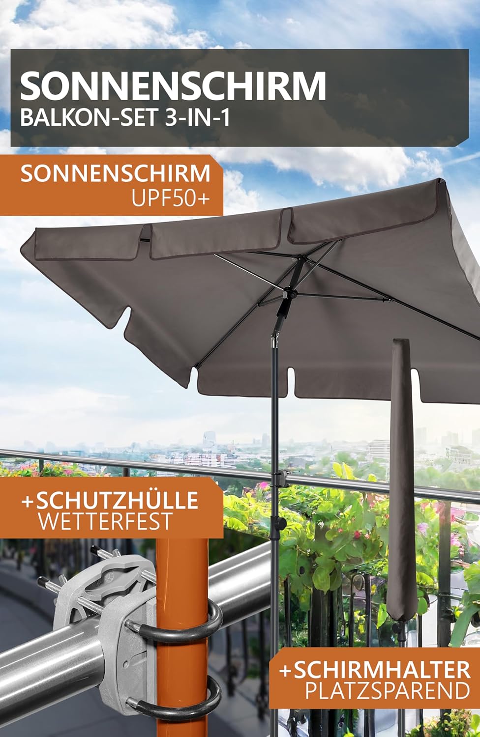 4smile Sonnenschirm Balkon SunnyShade Plus, Sonnnenschutz Balkon SET 3-in-1, Anthrazit - UV50+ Sonne