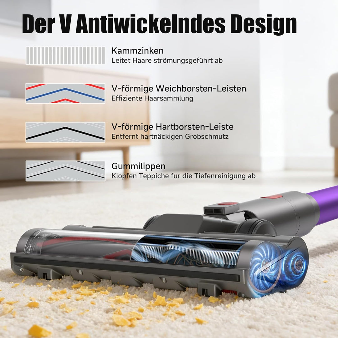 Hearten Akku Staubsauger,70000Pa/550W/70Min, Super Leise Staubsauger mit LED Display, V-Anti-Tangle-