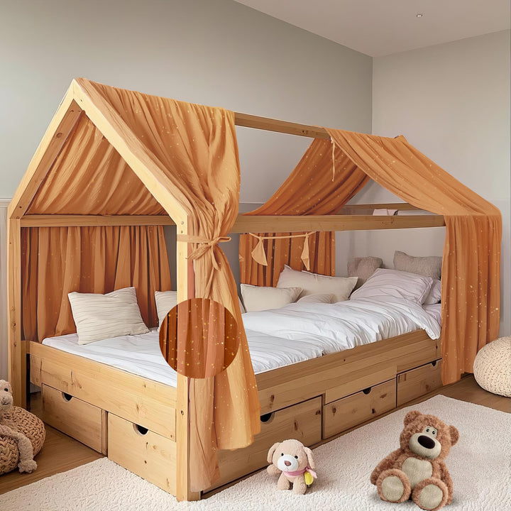 Hausbett Himmel mit Gold Applikation 2 Stück, handgefertigt aus 100% Baumwoll-Musselin, Stoffhimmel