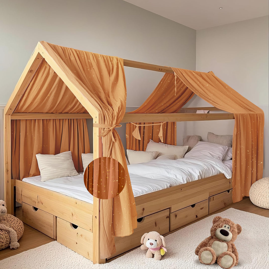 Hausbett Himmel mit Gold Applikation 2 Stück, handgefertigt aus 100% Baumwoll-Musselin, Stoffhimmel