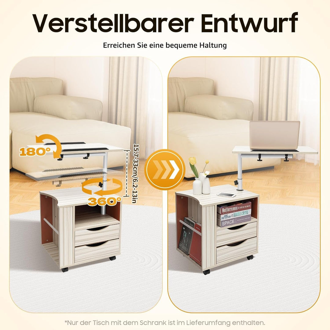 Eieblek Mobiler Beistelltisch Höhenverstellbarer Pflegetisch für Bett mit 4 Rollen, 60×40cm Laptopti