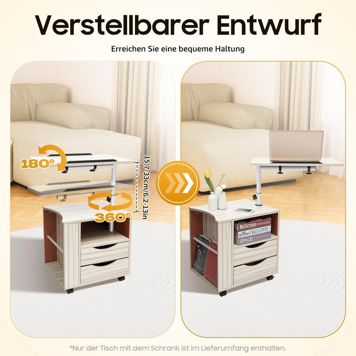 Eieblek Mobiler Beistelltisch Höhenverstellbarer Pflegetisch für Bett mit 4 Rollen, 60×40cm Laptopti