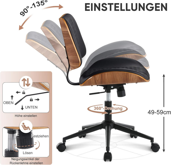 Bürostuhl ohne Armlehne Schreibtischstuhl Leder Holz Modern Homeoffice Chair Wippfunktion bis 136 kg