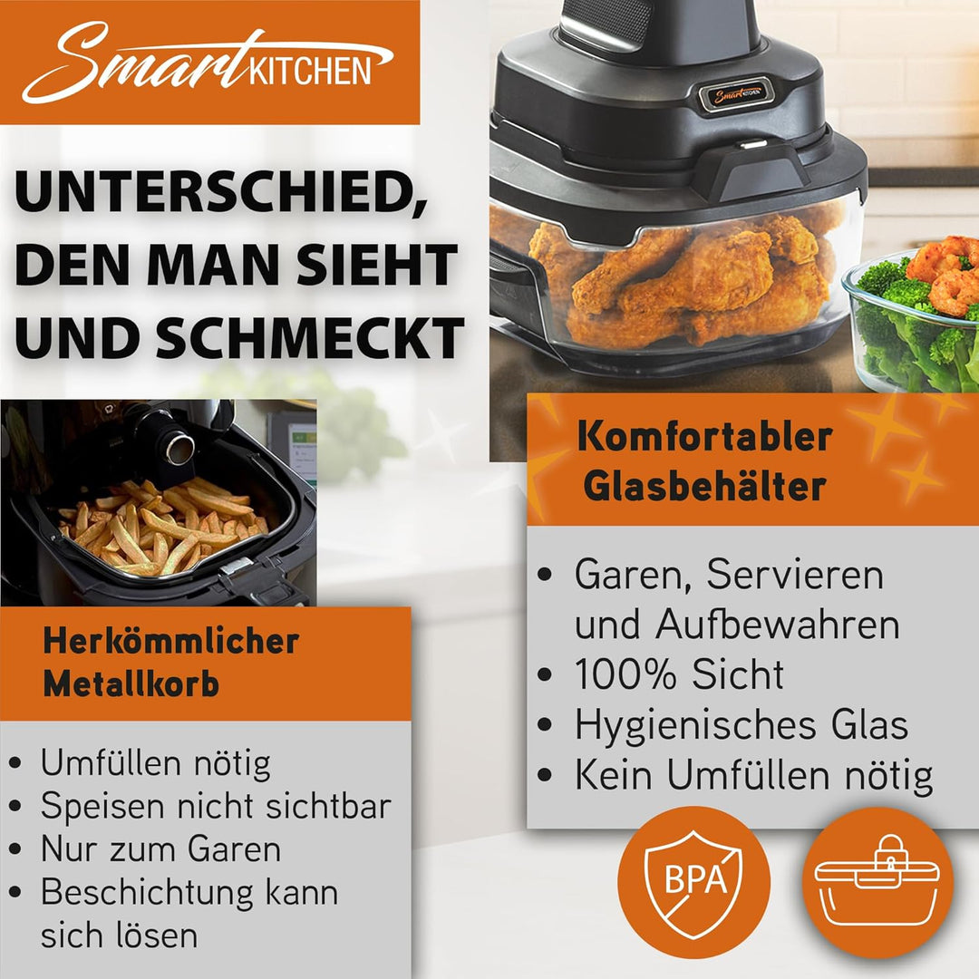 Smart Kitchen Glas-Heissluftfritteuse 4-in-1 – Air Fryer für Backen, Recrisp & Max Crisp – 4 L + 1,5