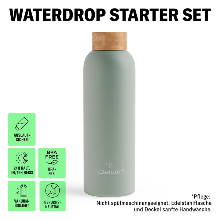 waterdrop® Starter Set - 600ml Trinkflasche mit Geschmack inkl. 18 zuckerfreie Drops - Geschenk für