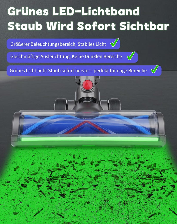 Bürste für Dyson V7 V8 V10 V11 V15 mit Grünem LED Licht, Bürstenwalze Bodenbürste Geeignet für Hartb