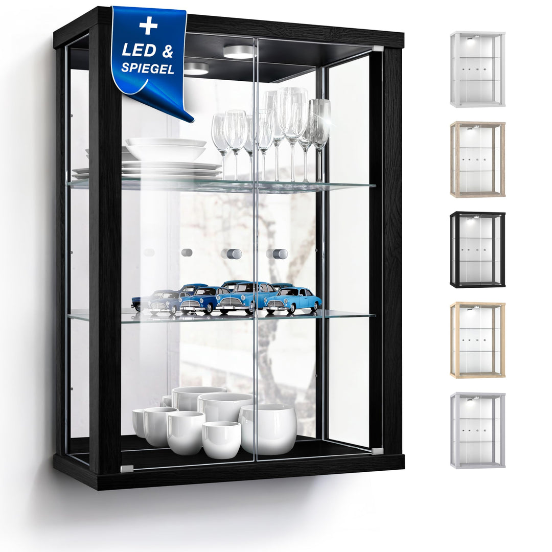 Hängevitrine in Schwarz (80x60x25 cm) mit 2 höhenverstellbaren Glasböden, Spiegel & LED - Modellauto