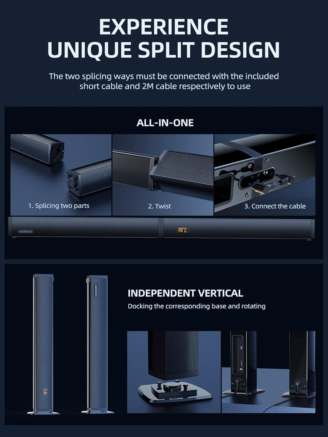 MEREDO 180W 2.1 Soundbar 2-in-1 Abnehmbare Soundbar für tv geräte mit 5,25'' Subwoofer unterstützt A