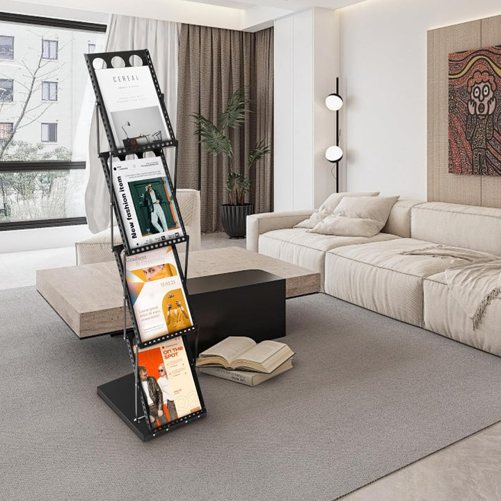 SUNDOY Faltbarer Zeitschriftenständer mit 4 Taschen – Magazinhalter & Broschüre Prospekthalter mit T
