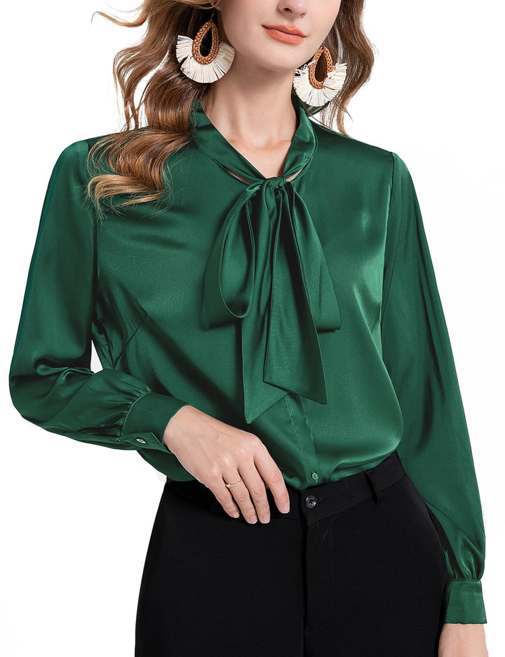 Tapata Bluse Damen Elegant Satin Button Down Hemd mit Schleife Female Hemdblus Langarm Business Lang