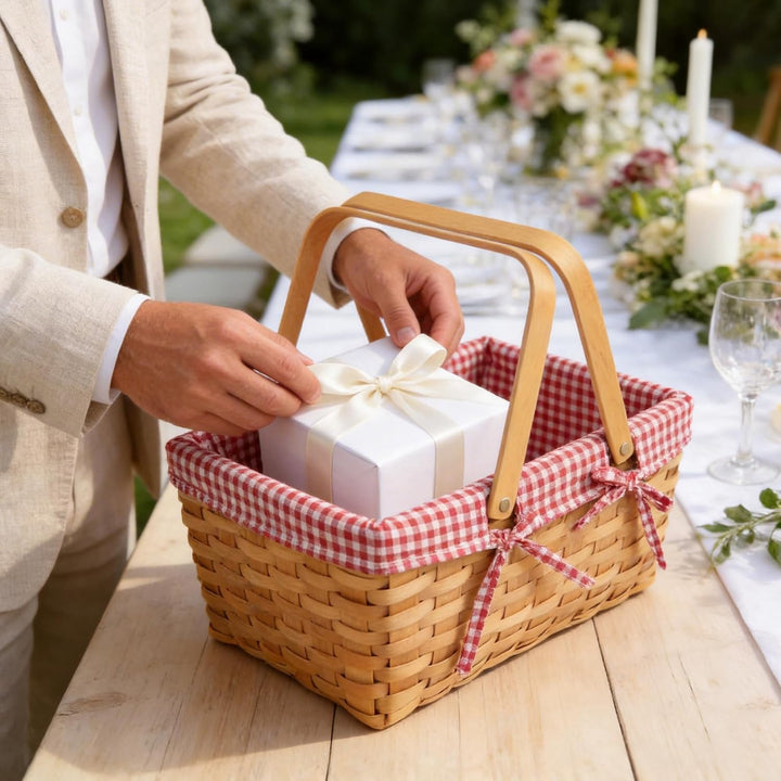 Geflochten Picknickkorb mit Henkel und Leinentuch, 34x21x16cm Rechteckig Picknickkorb aus Weide, Ges