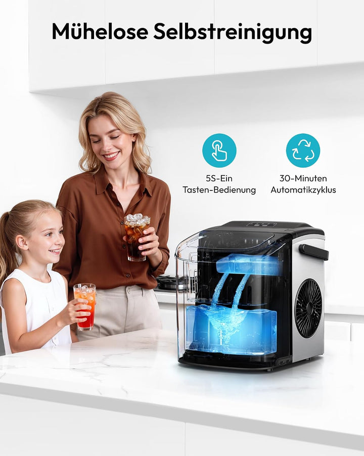 EUHOMY Eiswürfelmaschine Klein, 9 Eiswürfel in 6 Minuten, 12 kg/24H, Eiswürfelmaschine Edelstahl mit
