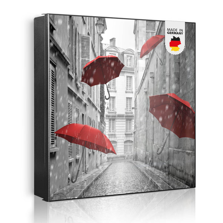 banjado® Grosser Schlüsselkasten Glas/Schlüsselbox 30cm x 30cm mit 50 Haken - Motiv Rote Schirme/Sch