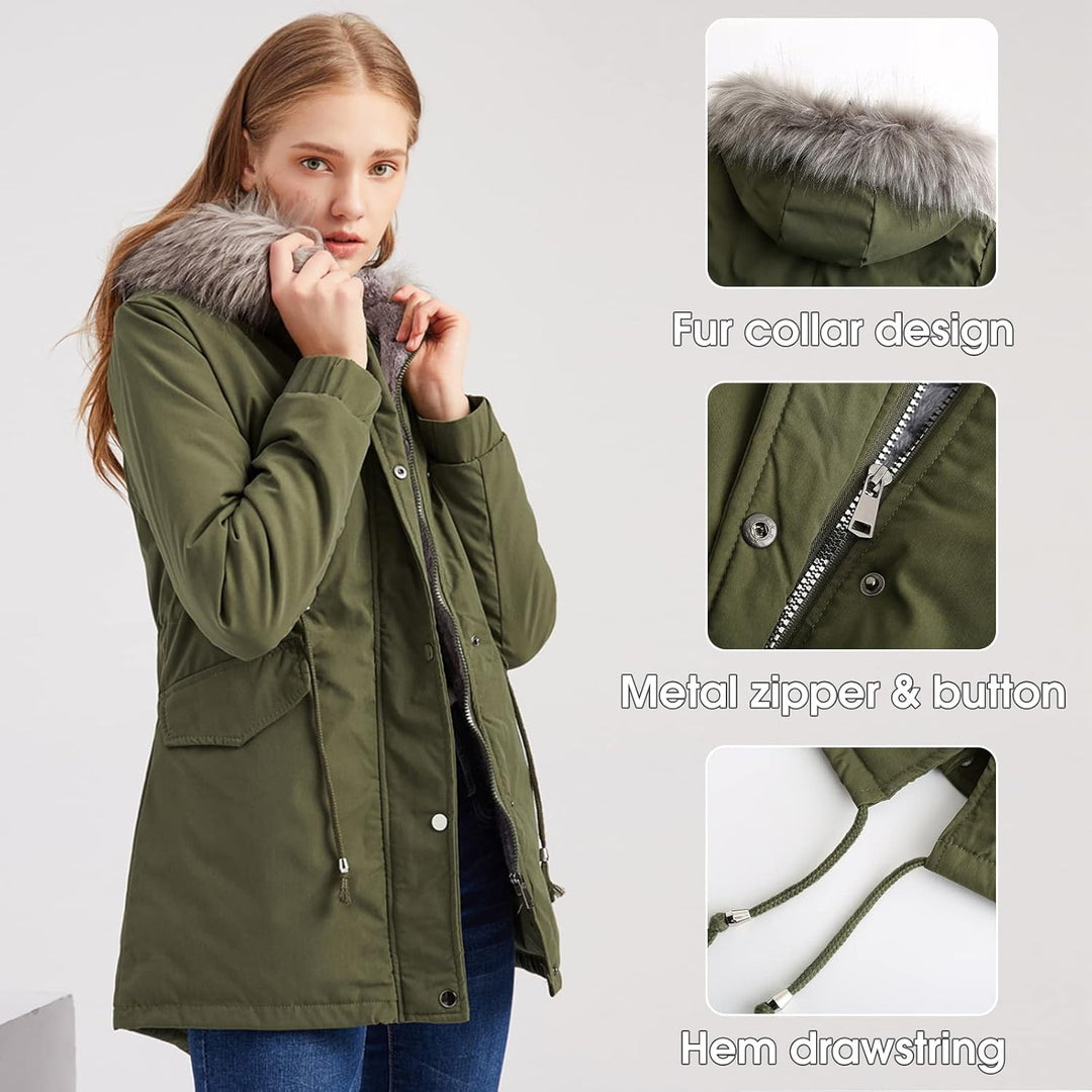 Tuopuda Winterjacke Damen Lang Wintermantel Warm Winter Jacke mit Kapuze Reissverschluss Parka Fleec