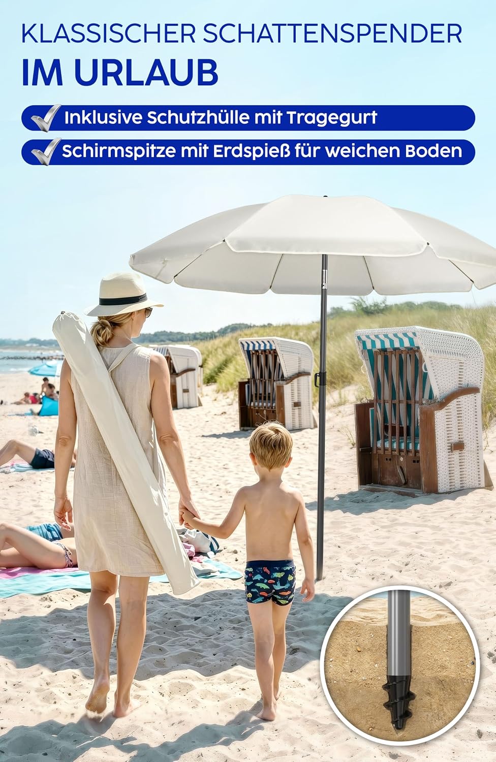 4smile Sonnenschirm Balkon Ø 180cm, Beige - Sonnenschirm Strand mit Hülle - Balkonschirm mit Knickfu