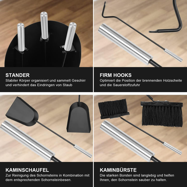 Jopassy Kaminbesteck Schwarz 4 teilig Edelstahl Kaminbesteck mit Schaufel, Besen, Schürhaken, Stände