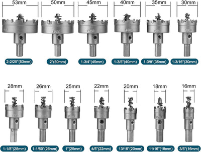 Hakkin 13 Stück 16-53mm Lochsäge Hartmetall-Bohrer, Lochschneider Multiple-tooth HSS Set TCT Carbid