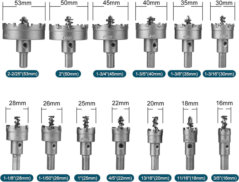 Hakkin 13 Stück 16-53mm Lochsäge Hartmetall-Bohrer, Lochschneider Multiple-tooth HSS Set TCT Carbid