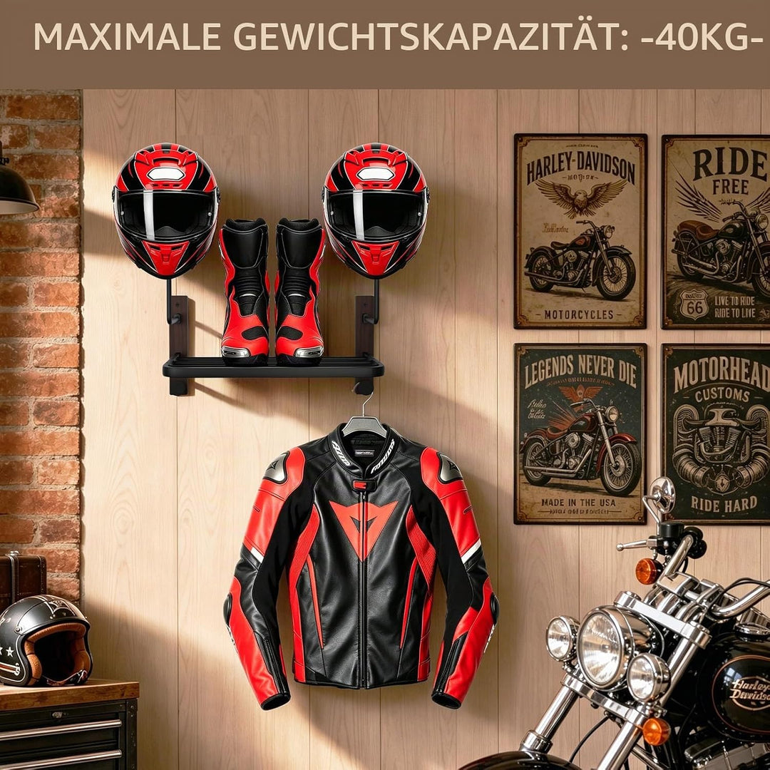Motorradhelm Halterung, Helmhalter Wandmontage mit Ablage und 2 Helmständer für Motorrad Fahrrad Ren