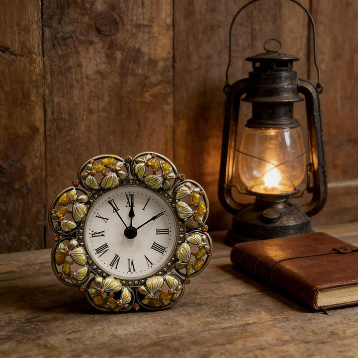 Blume Emaille Tischuhr, Vintage Grün Schmetterling Dekorative Uhr, Vintage Desktop Ornament, Mini Bl