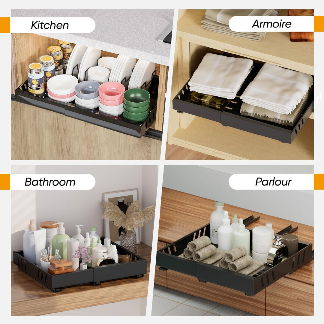 2 Pack erweiterbar Pull Out Cabinet Organizer Adhesive mit 8 Geschirrhalter, Pull Out Regale für Küc
