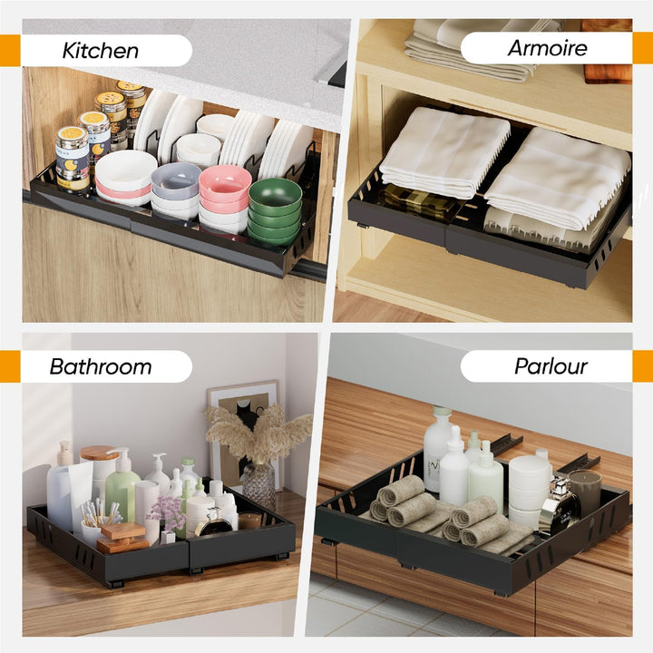2 Pack erweiterbar Pull Out Cabinet Organizer Adhesive mit 8 Geschirrhalter, Pull Out Regale für Küc