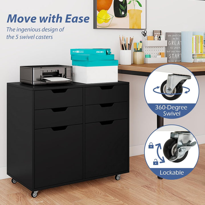 KOMFOTTEU Aktenschrank mit 5 Rollen, Rollcontainer mit 4 Schubladen & 2 Schränken mit Türen, Bürocon