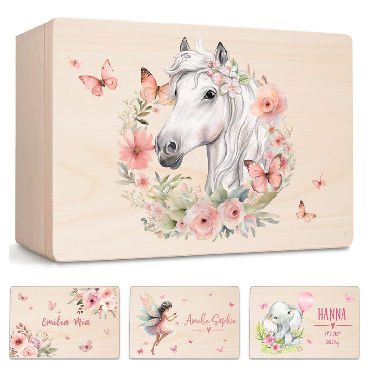 Little Deco Personalisierte Erinnerungsbox mit Pferd &amp; Blumenkranz | M - 30 x 20 x 13 cm - Design 2