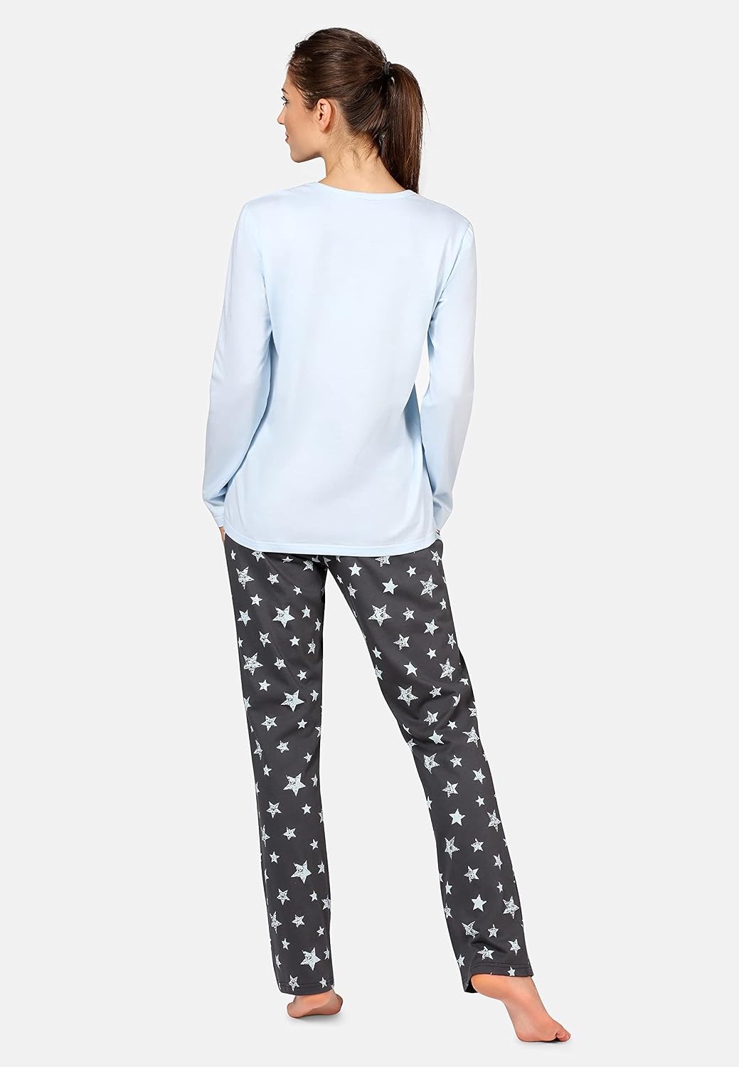 Bellivalini Damen Schlafanzug lang Pyjama Langarm Lange Hose Muster Sterne BLV50-167 M Blau Graphite