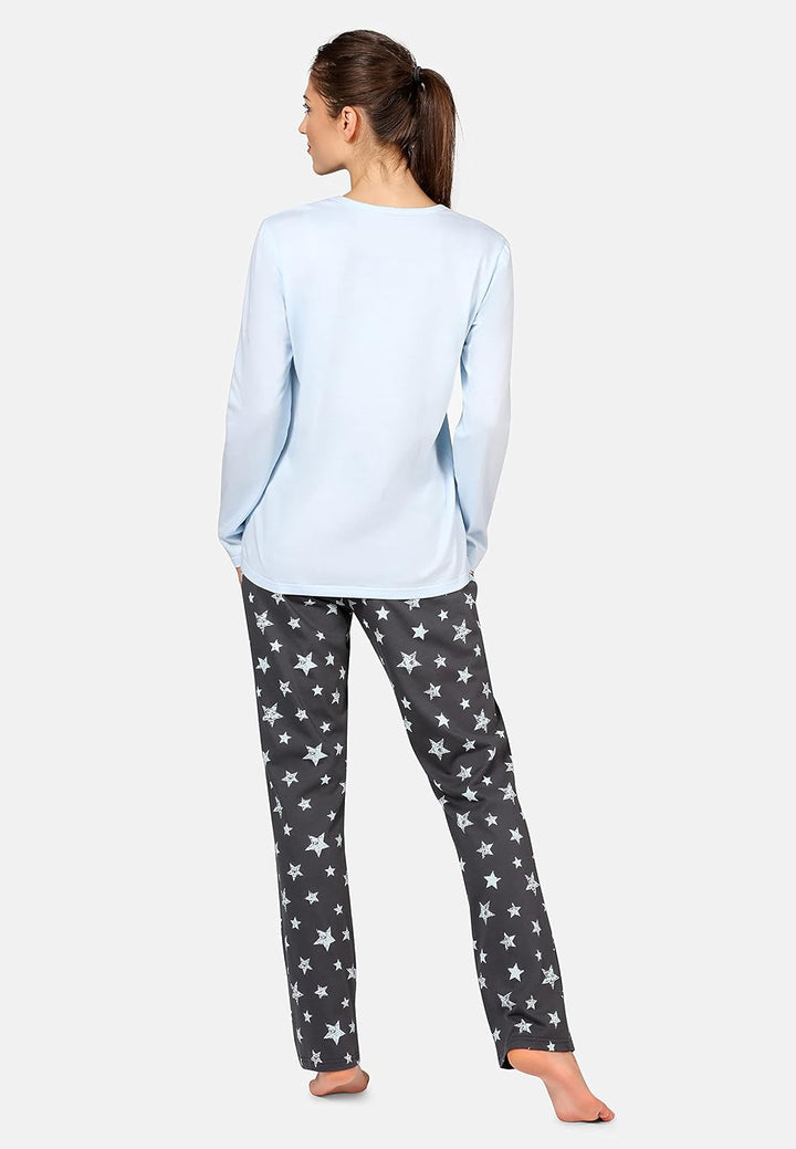 Bellivalini Damen Schlafanzug lang Pyjama Langarm Lange Hose Muster Sterne BLV50-167 M Blau Graphite