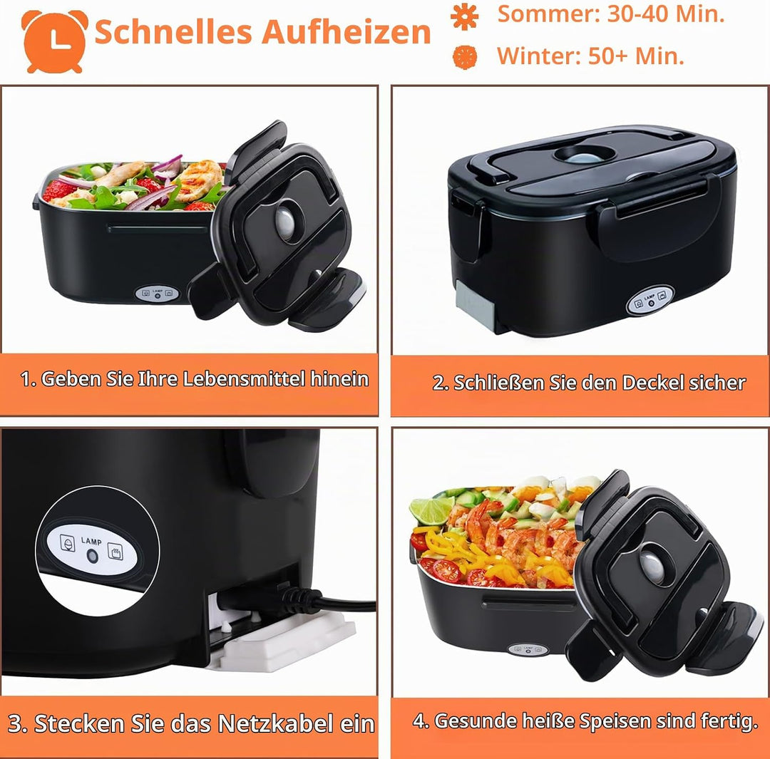 Elektrische Lunchbox 4 in 1 12V/24V/220V~240V, 1.5L 60W Lunch Box Elektrisch Edelstahl Speisenwärmer