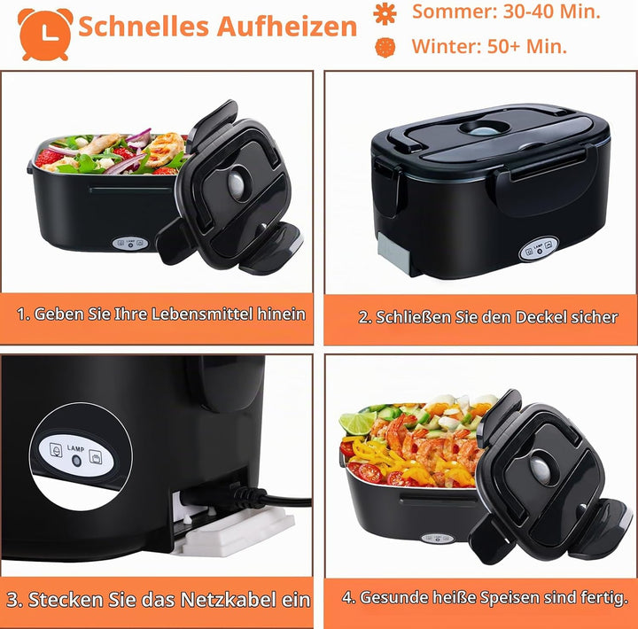 Elektrische Lunchbox 4 in 1 12V/24V/220V~240V, 1.5L 60W Lunch Box Elektrisch Edelstahl Speisenwärmer