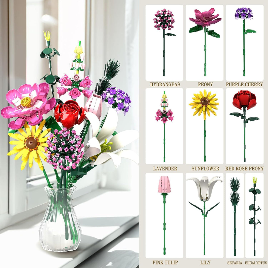 Flower Clusters Blumenstrauss-Bausatz-Set, 721 Teile Ewiger Strauss mit Pfingstrose, Rose, Sonnenblu