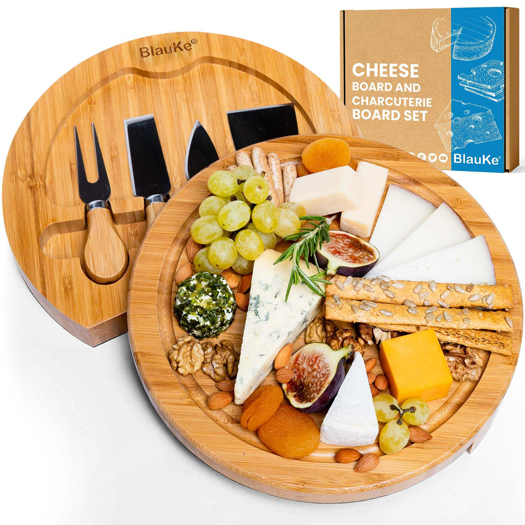 Bambus Käsebrett mit Käsemesser Set – 25cm Rund Servierplatte aus Holz für Käse und Häppchen – Chees