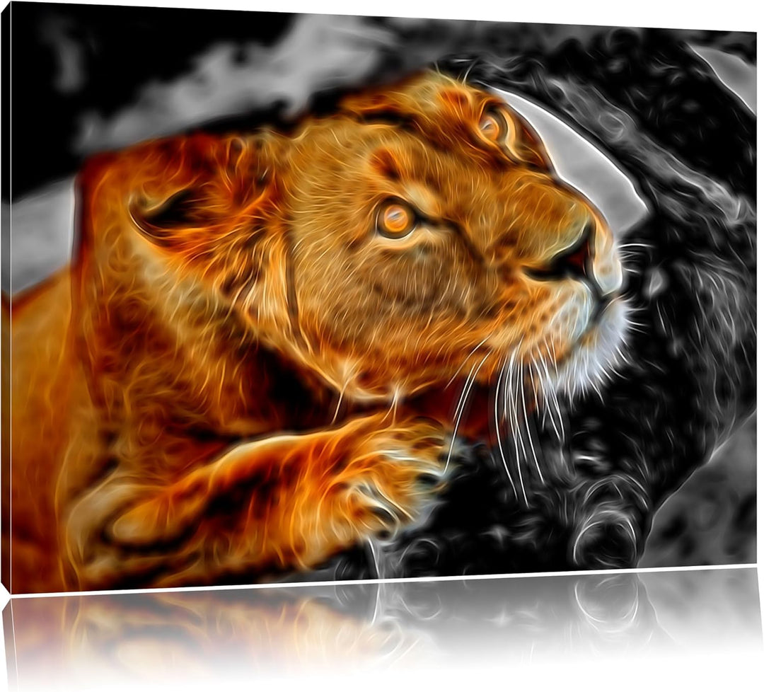 listige Löwin schwarz/weiss Deluxe Format: 100x70 cm auf Leinwand, XXL riesige Bilder fertig gerahmt