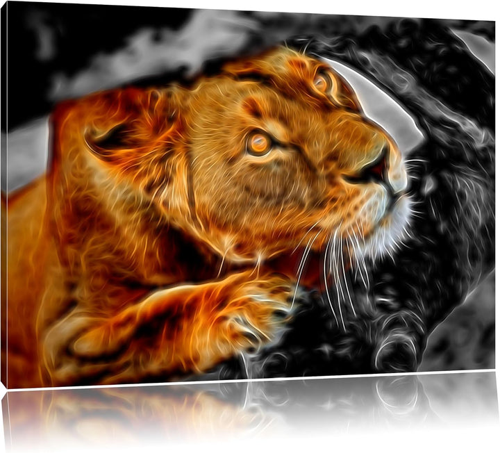 listige Löwin schwarz/weiss Deluxe Format: 100x70 cm auf Leinwand, XXL riesige Bilder fertig gerahmt