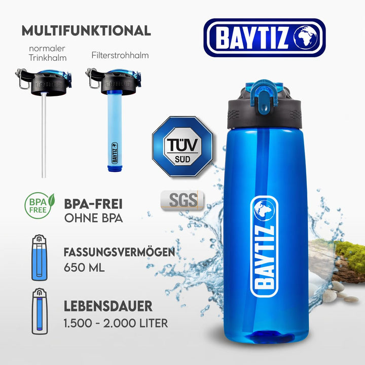 BAYTIZ- Trinkflasche + Strohhalm Filter + Carabiner - Wasserfilter Outdoor mit Aktivkohle - Sport Üb